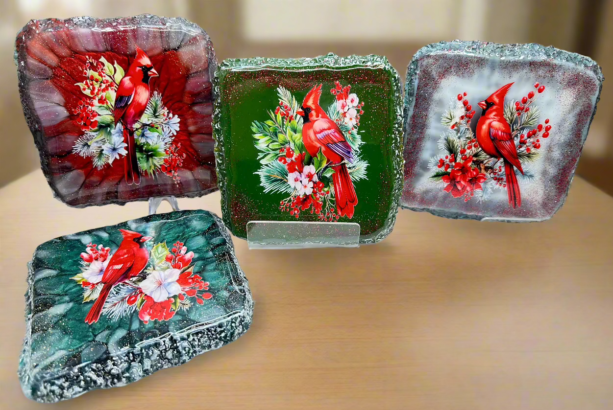 Christmas Cardinal Live Edge Coaster set of 4