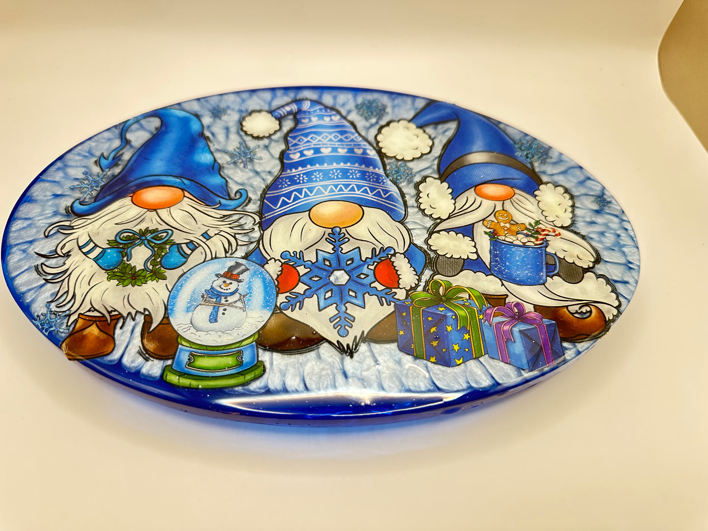 Blue oval christmas gnome tray